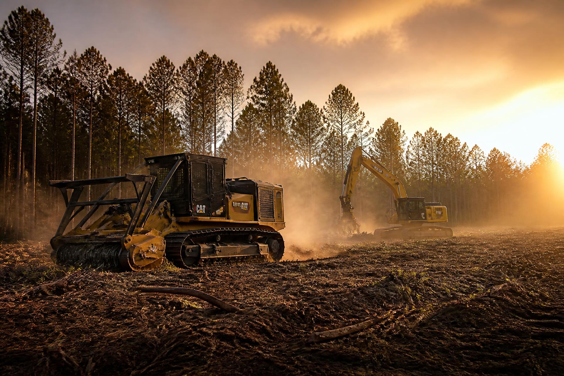 Land clearing crew with forestry mulcher and excavator at work